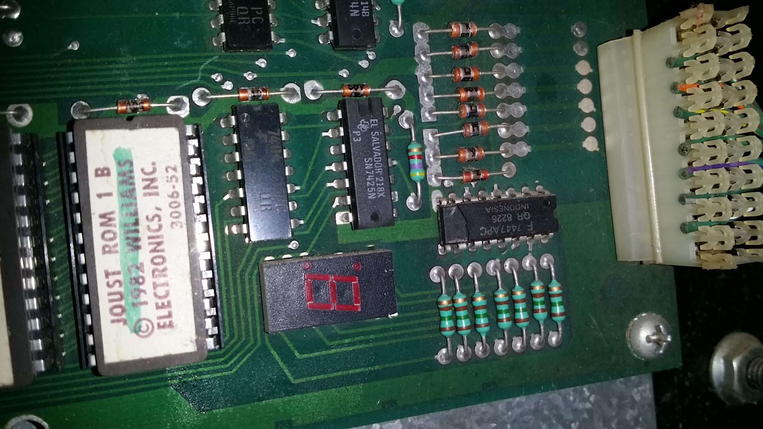 Joust ROM board with broken flip-flop chip