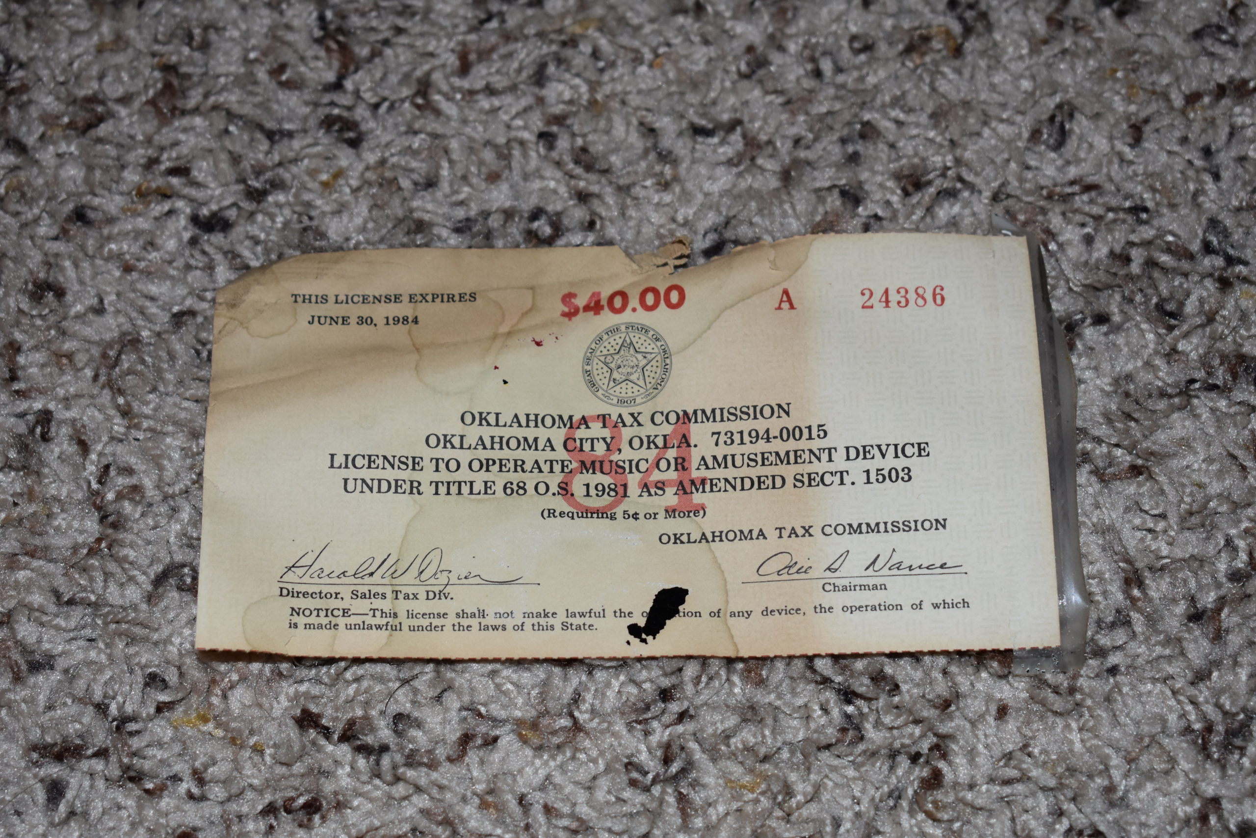 amusement license expiring in 1984